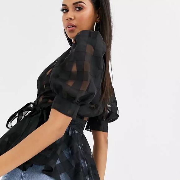 ASOS Black Sheer Puff Sleeve Blouse - Picture 2 of 7